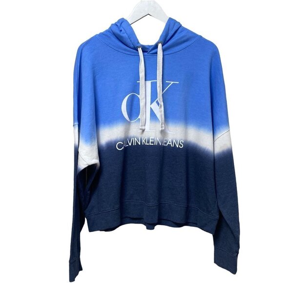 CALVIN KLEIN Womens Hoodie XXL Blue Dip Dye Sweatshirt CK Graphic Logo - Picture 1 of 13